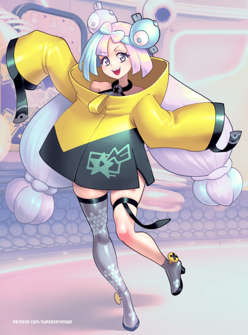 1girl :d aqua_hair bangs commentary_request eyelashes full_body grey_footwear grey_shirt grey_thighhighs high_heels highres iono_(pokemon) jacket long_hair looking_at_viewer multicolored_hair open_mouth pokemon pokemon_(game) pokemon_sv purple_hair sharp_teeth shirt single_thighhigh sleeveless sleeveless_shirt sleeves_past_fingers sleeves_past_wrists smile solo supersatanson teeth thigh_strap thighhighs tongue twintails two-tone_hair upper_teeth yellow_jacket