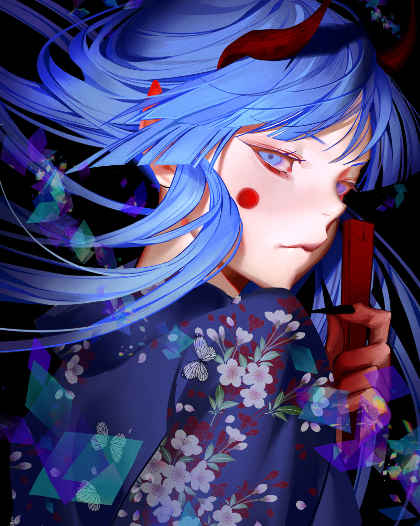 1girl absurdres black_nails blood blood_on_face blood_on_hands blue_eyes blue_hair blue_kimono closed_mouth commentary english_commentary fingernails floral_print folded_fan folding_fan hand_fan highres holding holding_fan horns japanese_clothes kimono long_hair looking_at_viewer nail_polish nea_(nongta2002) original pointy_ears print_kimono red_horns solo