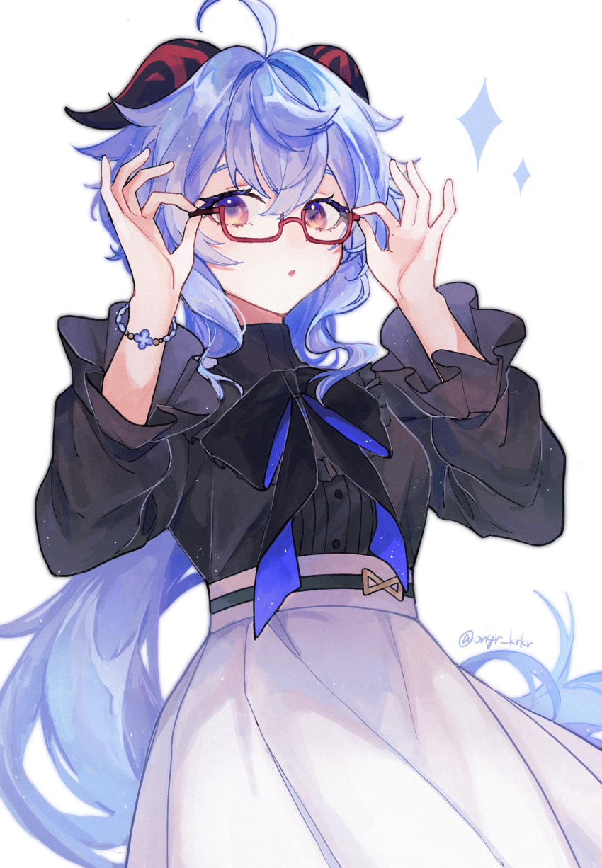 1girl absurdres adjusting_eyewear ahoge black_bow black_bowtie black_shirt blue_hair bow bowtie bracelet dress_shirt floating_hair ganyu_(genshin_impact) genshin_impact glasses hair_intakes highres horns jewelry long_hair looking_at_viewer nogi_(nokisaki) open_mouth red-framed_eyewear semi-rimless_eyewear shirt skirt solo standing twitter_username under-rim_eyewear very_long_hair white_background white_skirt