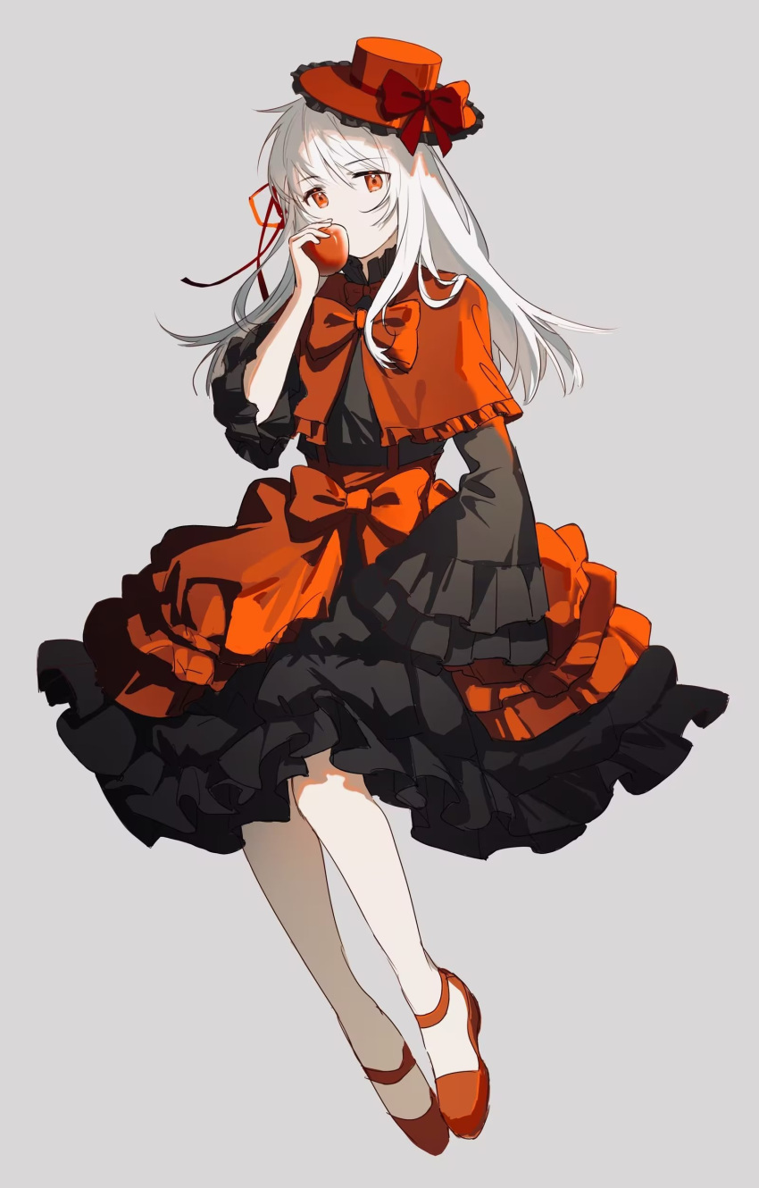 1girl absurdres apple bangs black_dress bow butterfly768 capelet dress food frilled_capelet frilled_hat frills fruit full_body gothic_lolita grey_background hair_between_eyes hair_ribbon hat hat_bow highres holding holding_food holding_fruit k_(anime) kushina_anna layered_dress lolita_fashion long_hair medium_dress red_apple red_bow red_capelet red_dress red_eyes red_footwear red_headwear red_ribbon ribbon simple_background sketch solo two-tone_dress white_hair