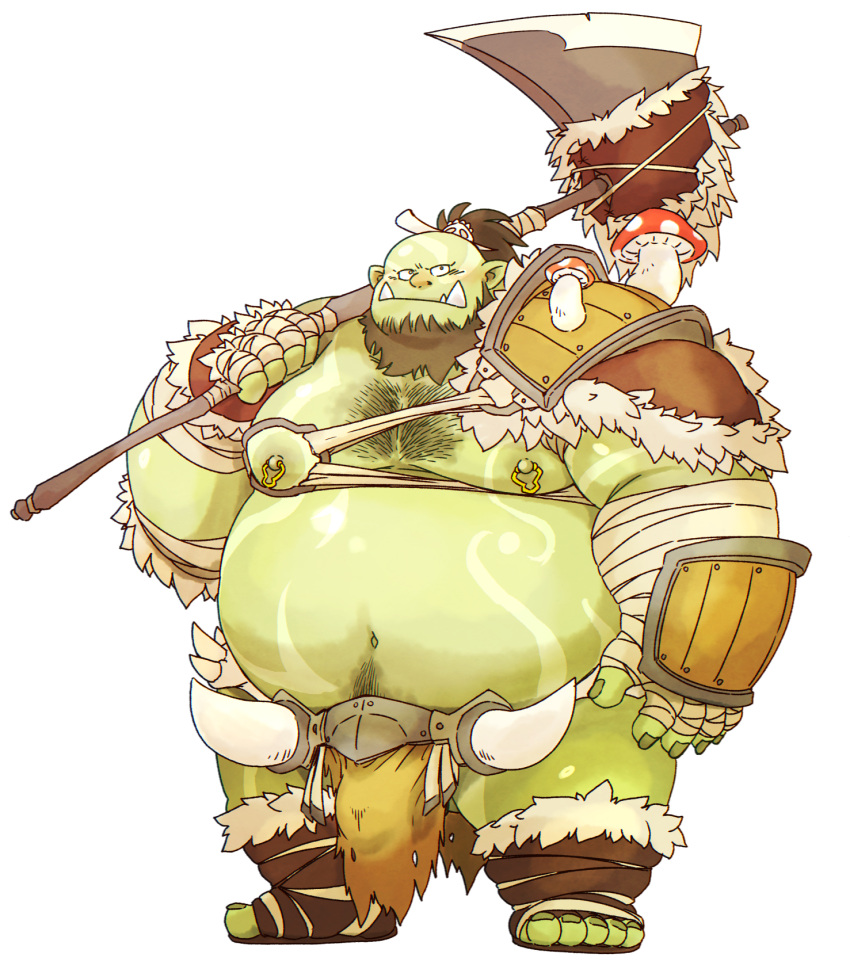 2022 belly big_belly bottomwear chiro_(artist) clothing green_body hi_res humanoid loincloth male moobs nipples orc overweight overweight_male simple_background solo weapon