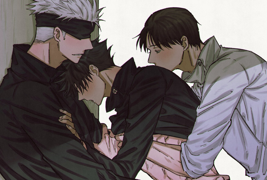 3boys bangs black_blindfold black_hair black_jacket blindfold blush buttons clothes_lift commentary_request fushiguro_megumi fushirun_rung gojou_satoru groping hand_under_clothes high_collar highres jacket jacket_lift jujutsu_kaisen korean_commentary long_sleeves looking_at_another male_focus multiple_boys okkotsu_yuuta open_mouth school_uniform short_hair spiked_hair white_hair white_jacket yaoi