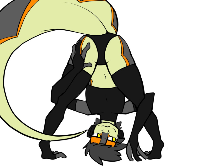 anthro big_tail bottomwear butt clothed clothing colored evening_gloves headphones jack_(topazknight) legwear lizard male navel presenting presenting_hindquarters reptile scalie skimpy solo thigh_highs topazknight topwear
