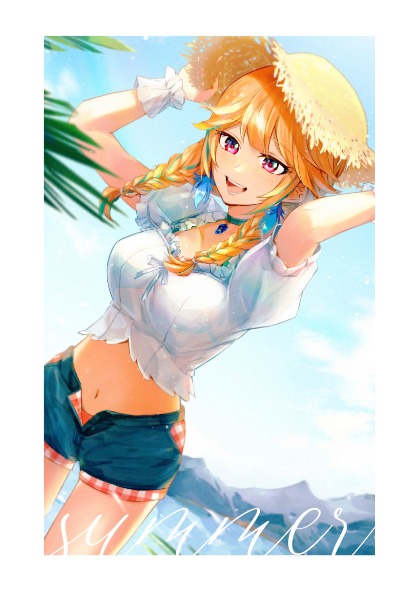 1girl :d aqua_choker bikini bikini_under_clothes blonde_hair blue_hair blue_shorts border braid breasts cowboy_shot day dutch_angle hat highres hololive hololive_english hou37707274 long_hair medium_breasts midriff multicolored_hair navel open_clothes open_mouth open_shorts outdoors red_eyes ribbon shiny shiny_hair shirt short_shorts short_sleeves shorts smile solo standing stomach straw_hat summer sun_hat swimsuit takanashi_kiara thigh_gap twin_braids twintails two-tone_hair virtual_youtuber white_border white_ribbon white_shirt yellow_headwear