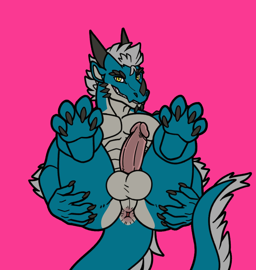 absurd_res anthro anus balls claws dragon feet genitals gunner hair hi_res horn male nude penis pink_background presenting presenting_anus scalie sharkiedude simple_background solo yellow_eyes