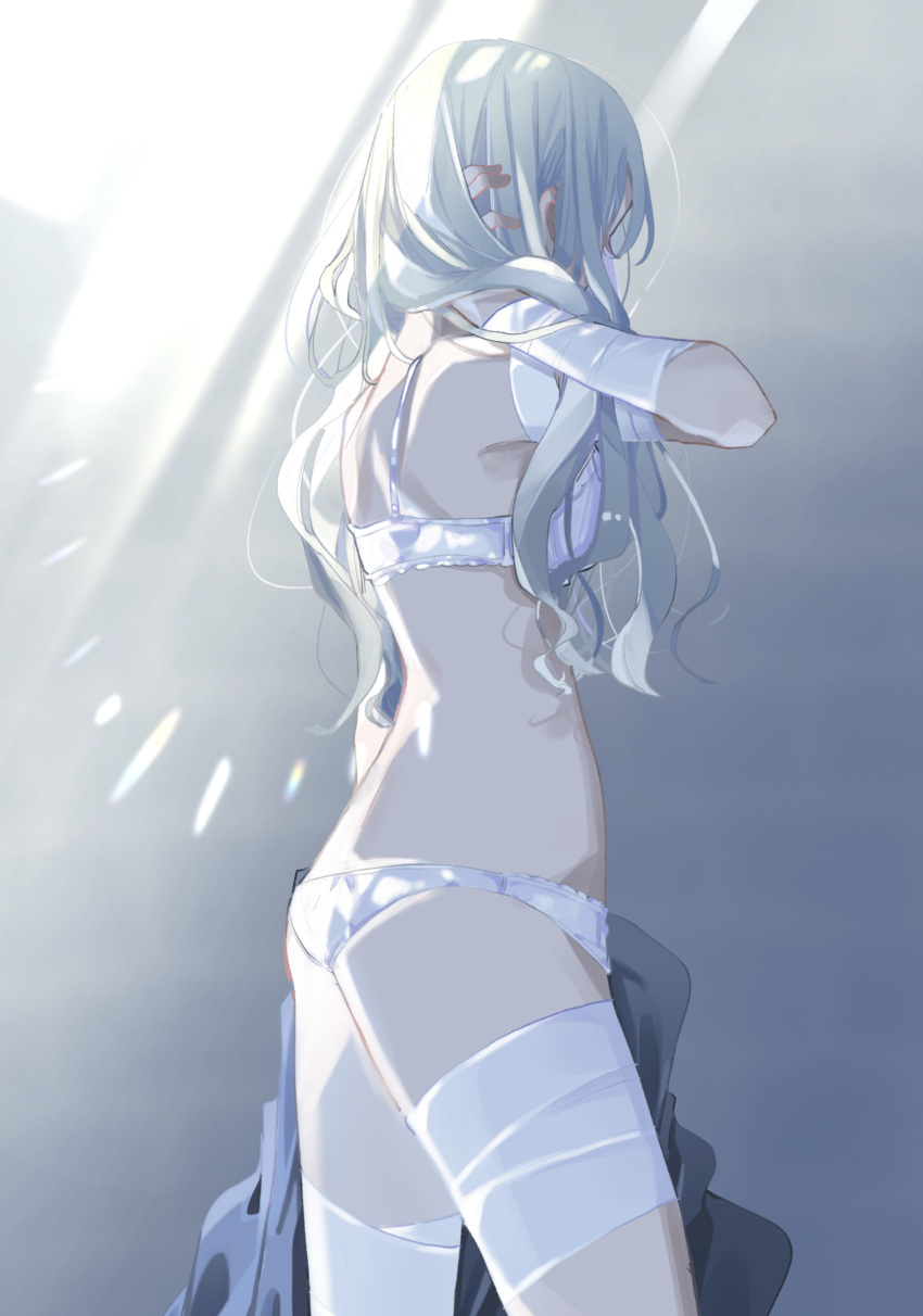 1girl absurdres bandages bra caren_hortensia dappled_sunlight facing_away fate/hollow_ataraxia fate_(series) hand_in_own_hair hands_in_hair highres long_hair panties rdbka_00 solo standing sunlight thighs underwear wavy_hair white_bra white_hair white_panties