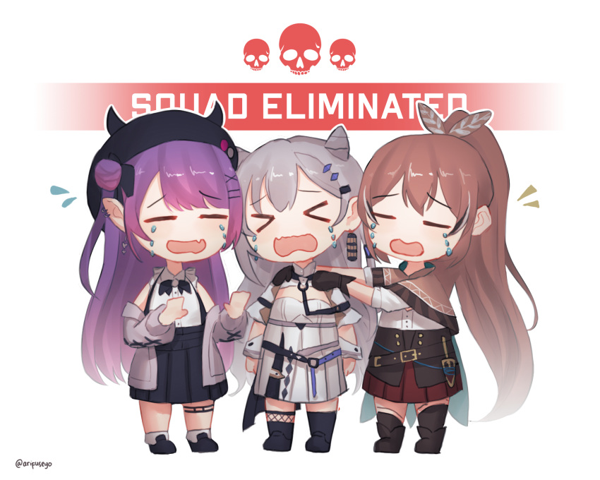 3girls apex_legends arifuseyo beret black_footwear black_headwear black_skirt black_thighhighs boots brown_capelet capelet chibi collared_shirt cone_hair_bun crying double_bun dress earrings feather_hair_ornament feathers frilled_shirt frills grey_sweater hair_behind_ear hair_bun hair_ornament hands_on_another's_shoulders hat highres hololive hololive_english hololive_indonesia jewelry long_hair multiple_girls nanashi_mumei off_shoulder official_alternate_costume open_mouth pointy_ears ponytail purple_hair red_skirt shirt shirt_tucked_in shrug_(clothing) skirt skull sleeveless sleeveless_shirt suspenders sweater thighhighs tokoyami_towa vestia_zeta virtual_youtuber white_background white_dress