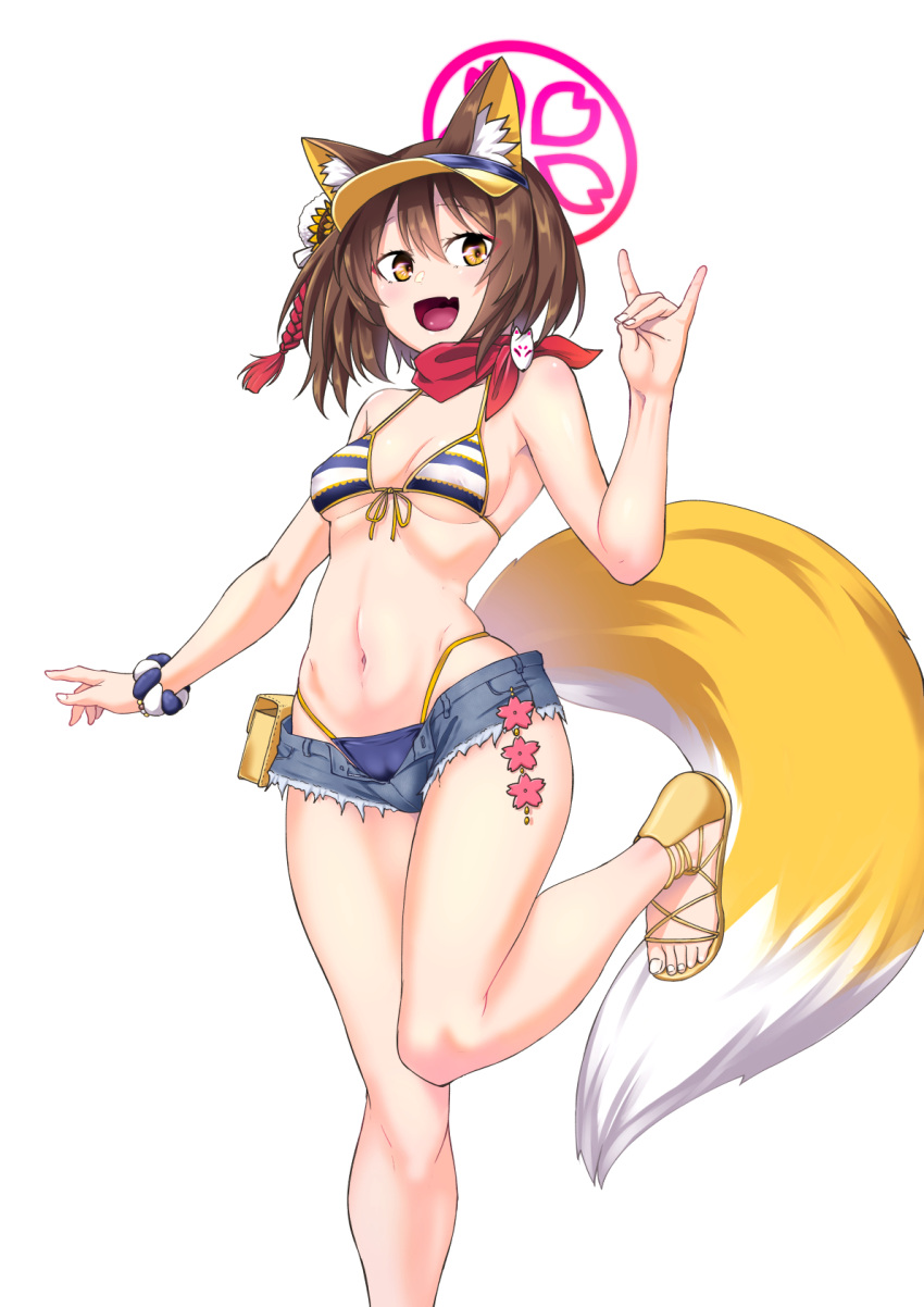 1girl :d \m/ animal_ears bikini blue_archive breasts brown_eyes brown_hair fox_ears fox_tail halo highres izuna_(blue_archive) kawajuu looking_at_viewer navel sandals scarf shorts simple_background smile solo striped striped_bikini swimsuit tail visor_cap white_background