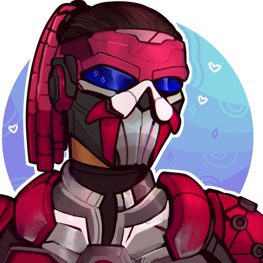 1boy apex_legends apex_legends_mobile black_bodysuit bodysuit brown_hair cable commission english_commentary fade_(apex_legends) grey_jacket hair_slicked_back heart highres jacket looking_at_viewer male_focus mask portrait red_armor solo zxidart