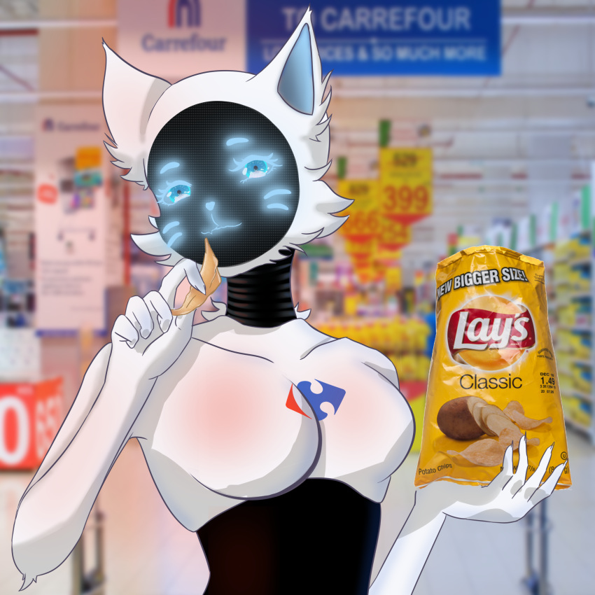 2022 bellabot black_body blurred_background blushing_breasts breasts carrefour cheek_tuft chips_(food) domestic_cat facial_tuft featureless_breasts felid feline felis female food front_view fur hi_res karpica kerfus lay's logo looking_at_viewer mammal photo_background pudu_robotics screen screen_face solo tuft white_body white_fur