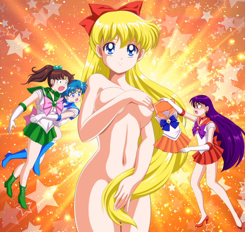 aino_minako bishoujo_senshi_sailor_moon black_hair blonde_hair blue_sailor_collar boots breasts brown_hair green_sailor_collar high_heels highres hino_rei kino_makoto long_hair mizuno_ami navel nude orange_sailor_collar pirochi red_sailor_collar sailor_collar sailor_jupiter sailor_mars sailor_mercury sailor_senshi sailor_senshi_uniform sailor_venus short_hair small_breasts the_birth_of_venus