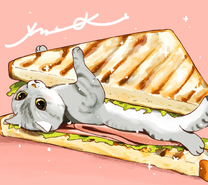 animal animal_focus animal_hands cat closed_mouth commentary food food_focus fur grey_cat ham highres lettuce looking_at_viewer no_humans original pink_background sandwich sandwiched signature simple_background sparkle surumeika_(ninfiiiir) upside-down yellow_eyes