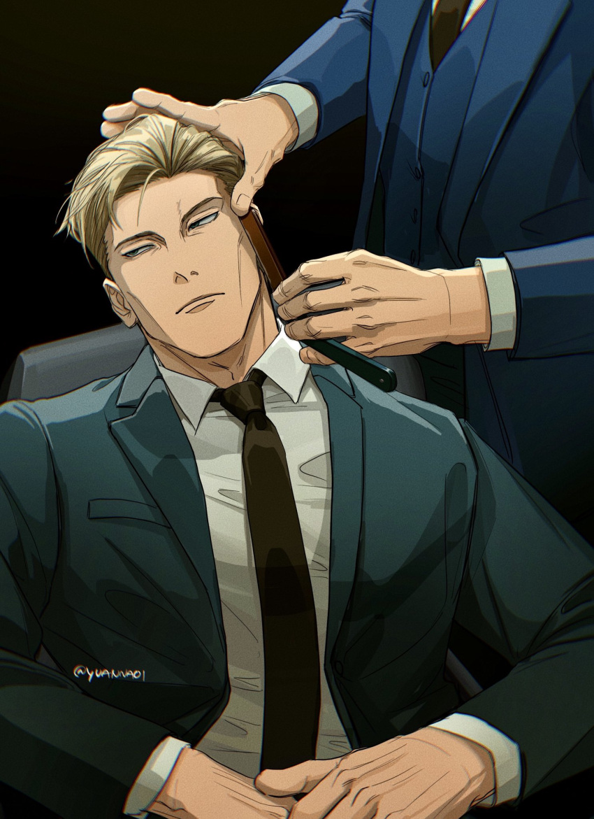 2boys blazer blonde_hair blue_jacket blue_suit blue_vest brown_necktie closed_mouth collared_shirt formal hair_slicked_back hand_on_another's_head high_collar highres jacket jujutsu_kaisen long_sleeves looking_to_the_side multiple_boys nanami_kento necktie razor shirt short_hair sitting standing suit twitter_username vest waistcoat watermark white_shirt yunonoai