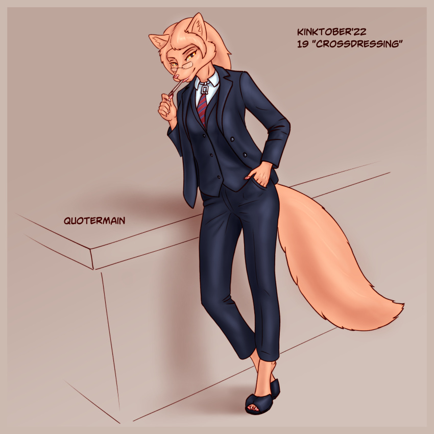 2022 absurd_res anthro biped canid canine clothed clothing crossdressing diana_(quotermain) female footwear fox hi_res kinktober mammal necktie quotermain shoes suit_and_tie