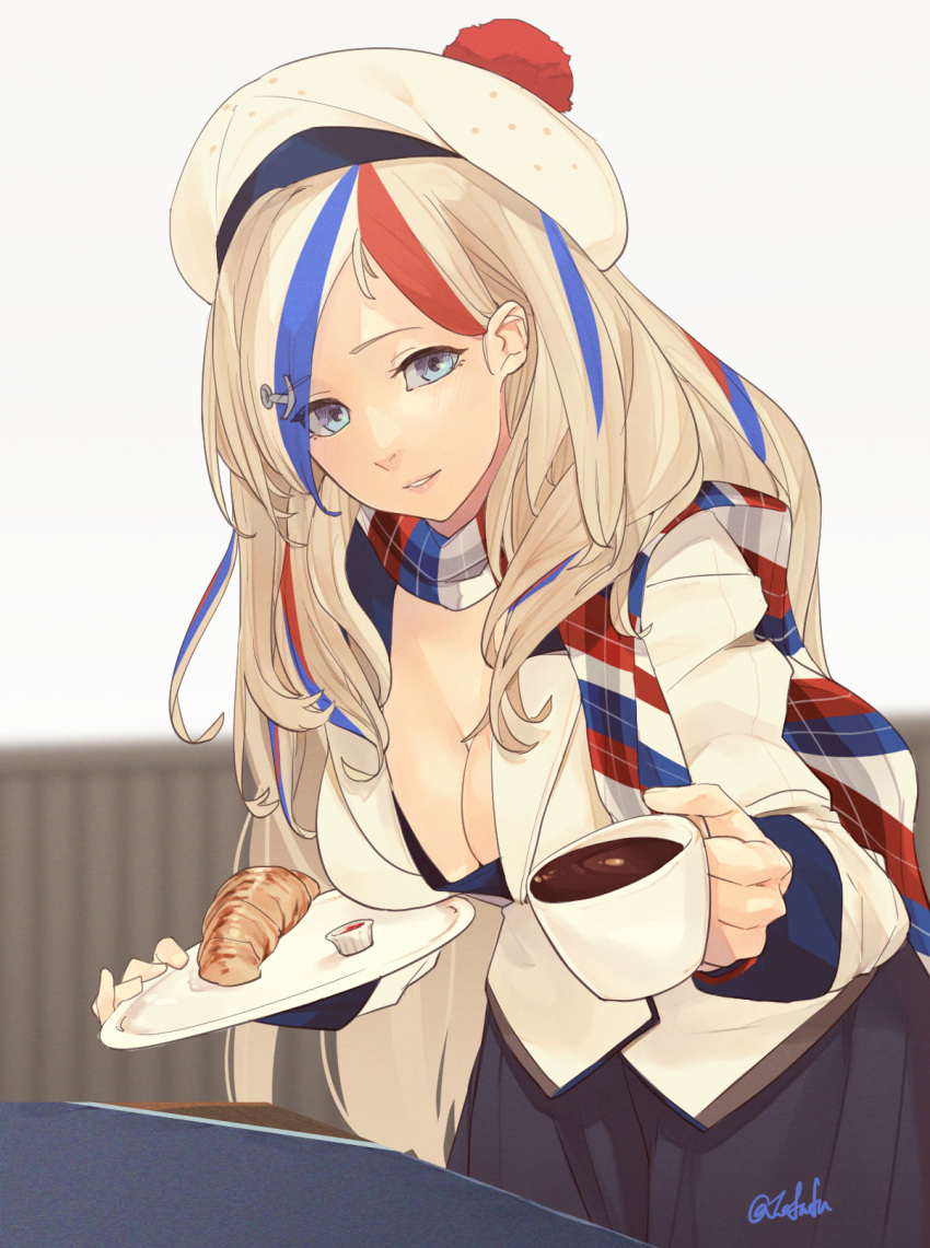 1girl anchor_hair_ornament aqua_eyes bangs beret black_skirt blonde_hair blue_hair breasts cleavage coffee coffee_cup commandant_teste_(kancolle) croissant cup disposable_cup food fuwafuwatoufu hair_ornament hat highres holding holding_cup holding_plate jacket kantai_collection large_breasts long_hair long_sleeves looking_at_viewer multicolored_clothes multicolored_hair multicolored_scarf one-hour_drawing_challenge parted_lips plate pom_pom_(clothes) red_hair scarf skirt solo streaked_hair twitter_username white_headwear white_jacket