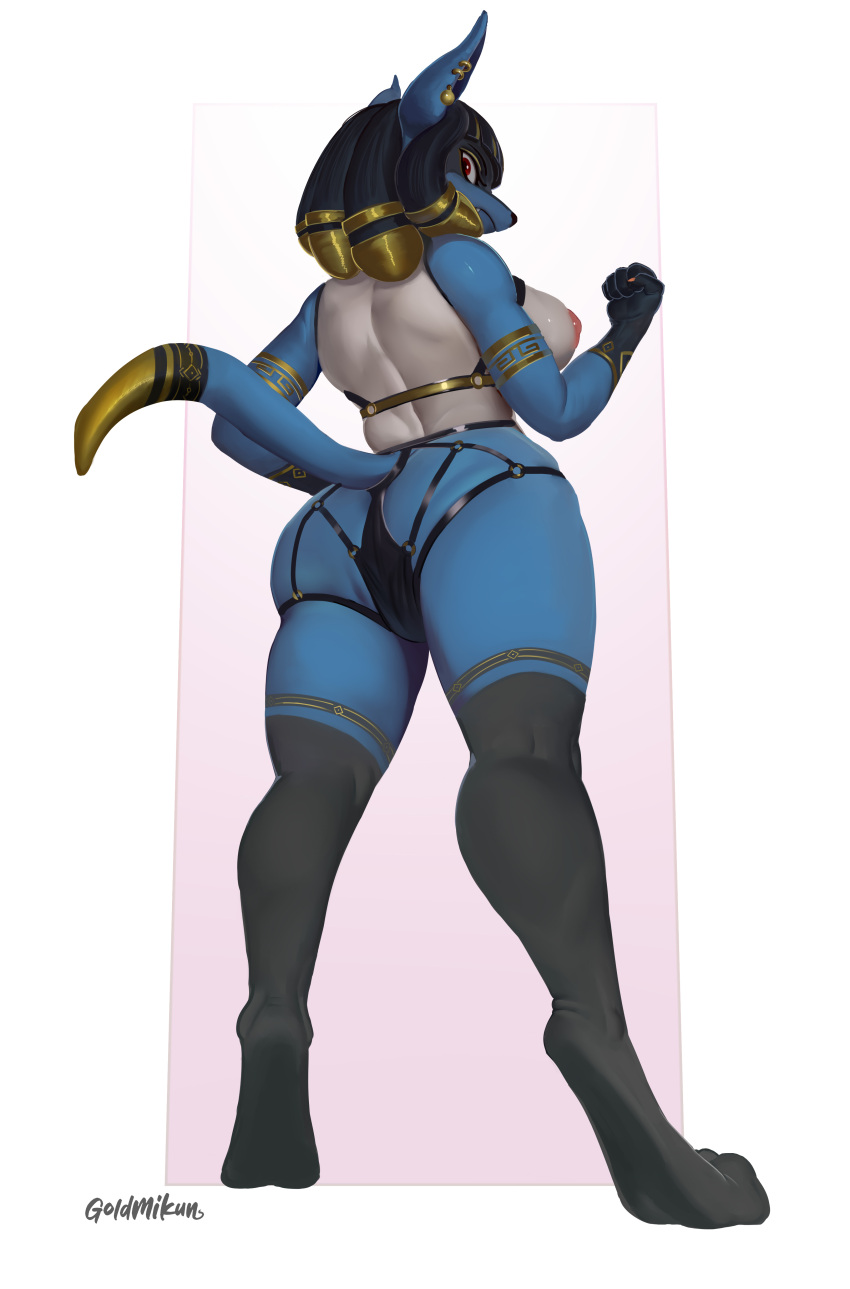 absurd_res anthro big_butt biped blue_body breasts butt clothed clothing female generation_4_pokemon goldmikun hi_res holowear_(pokemon) lucario nintendo pokemon pokemon_(species) pokemon_unite ruins_style_lucario solo video_games