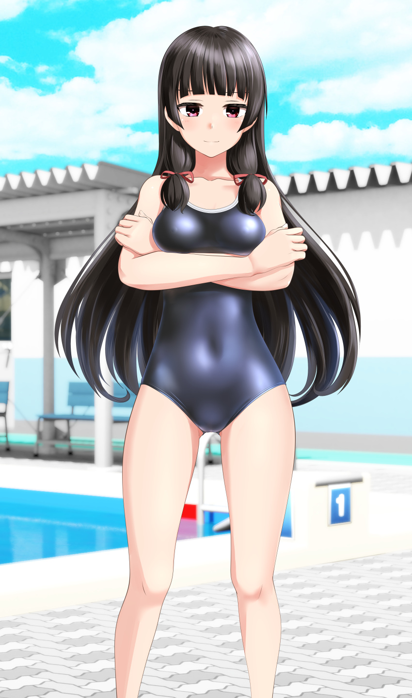1girl absurdres black_hair black_one-piece_swimsuit blue_sky breasts cleavage cloud competition_school_swimsuit crossed_arms day feet_out_of_frame hair_ribbon highres isokaze_(kancolle) kantai_collection long_hair looking_at_viewer medium_breasts outdoors pool poolside red_eyes ribbon school_swimsuit sky solo starting_block swimsuit takafumi tress_ribbon