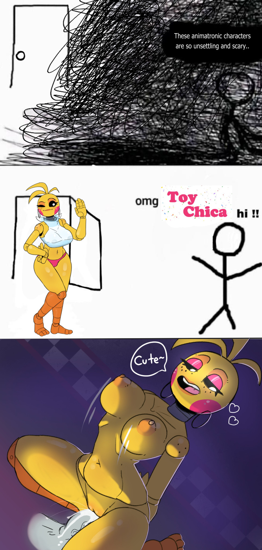 &lt;3 2022 4_fingers absurd_res animatronic anthro avian bedroom_eyes bib bird black_sclera blush blush_stickers bodily_fluids bouncing_breasts breasts camel_toe checkered_wall chicken clothing cowgirl_position cum cum_in_pussy cum_inside cum_on_penis dialogue digital_drawing_(artwork) digital_media_(artwork) door doorway duo ear_piercing ear_ring ejaculation english_text exclamation_point feathers feet female female_penetrated fingers five_nights_at_freddy's five_nights_at_freddy's_2 freckles from_front_position galliform gallus_(genus) genital_fluids genitals gesture glowing glowing_eyes grey_body grey_skin hair hand_on_hip hi_res human lips machine male male/female mammal midriff narrowed_eyes nipples omg_hi! on_bottom on_top one_eye_closed open_door open_mouth panties penetration penis phasianid piercing pink_clothing pink_panties pink_underwear pupils ring_piercing robot scottgames seductive sex smile stick_figure tail_feathers teeth text tongue topwear toy_chica_(fnaf) translucent translucent_clothing translucent_topwear underwear vaginal vaginal_penetration vein video_games waving white_clothing white_pupils white_topwear wink yellow_body zhenai