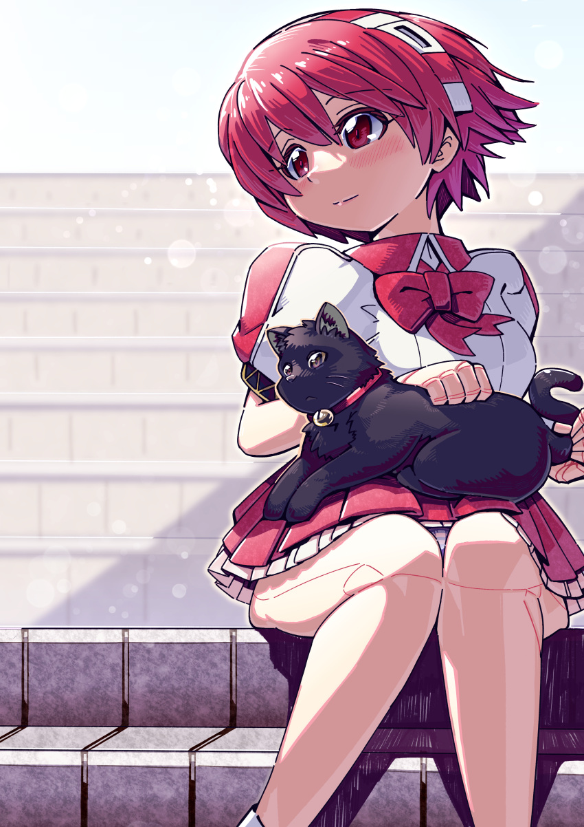 1girl absurdres animal_on_lap bell black_cat blush bow bowtie breasts cat cat_on_lap collar dorothy_haze hair_between_eyes highres light_smile medium_breasts mikiji neck_bell on_lap panties panty_peek pink_eyes pink_skirt pleated_skirt red_bow red_collar red_eyes red_hair short_hair sitting sitting_on_stairs skirt smile solo stairs underwear va-11_hall-a white_panties