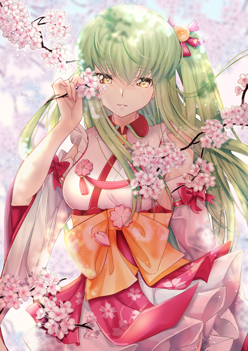 1girl absurdres bell bow breasts budgiepon c.c. cherry_blossoms code_geass cosplay dress green_hair hair_bell hair_between_eyes hair_ornament highres hololive long_hair looking_at_viewer medium_breasts pink_bow pink_dress ribbon sakura_miko sakura_miko_(cosplay) side_ponytail smile solo