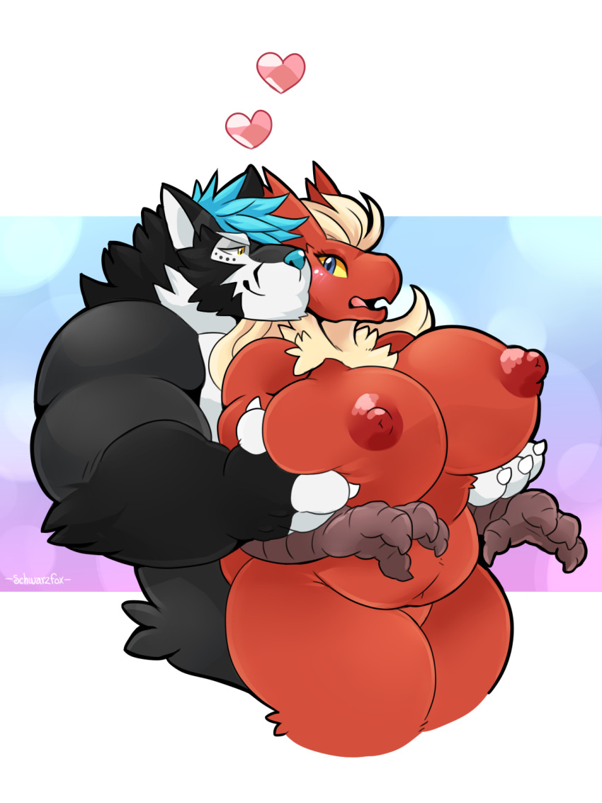 &lt;3 3:4 anthro anthro_on_anthro avian beak big_breasts black_body black_fur blaziken blue_eyes blue_hair blush breast_grab breasts canid canine claws feathers female fox fur generation_3_pokemon hair hand_on_breast hi_res interspecies male male/female mammal multicolored_body multicolored_fur muscular muscular_male nintendo nipples nude open_mouth pokemon pokemon_(species) red_body red_feathers schwarzfox schwarzfox_(character) simple_background smile thick_thighs tongue two_tone_body two_tone_fur video_games white_body white_fur yellow_eyes