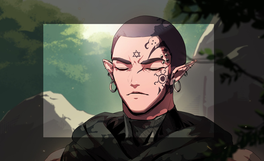 1boy bald branch close-up closed_eyes closed_mouth dungeon_and_fighter earrings hood hood_down jewelry keto_cactus light nature official_art outdoors pentagram pointy_ears portrait rock scarf summoner_rhum_(dungeon_and_fighter) tattoo tree