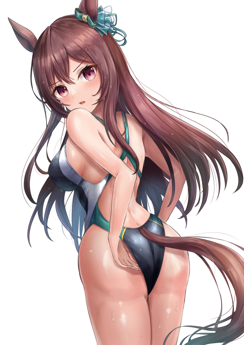 1girl absurdres animal_ears ass black_one-piece_swimsuit brown_hair competition_swimsuit cowboy_shot from_behind highleg highleg_swimsuit highres horse_ears horse_girl horse_tail long_hair looking_at_viewer looking_back mejiro_dober_(umamusume) one-piece_swimsuit purple_eyes simple_background solo swimsuit tail umamusume waity_awa white_background