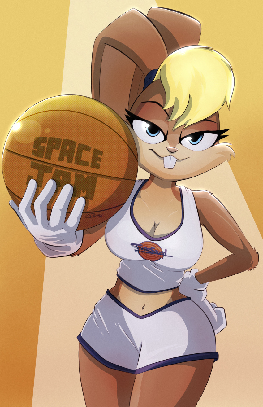 2022 5_fingers absurd_res anthro ball basketball_(ball) blonde_hair blue_eyes blush bottomwear breasts buckteeth cheek_tuft cleavage clothed clothing eyebrows eyelashes facial_tuft female fingers fully_clothed fur gesture gloves hair hand_on_hip handwear hi_res holding_ball holding_object lagomorph leporid lola_bunny looking_at_viewer looney_tunes mammal midriff navel pink_nose rabbit shorts signature solo space_jam stevegregson tan_body tan_fur teeth topwear tuft warner_brothers white_bottomwear white_clothing white_gloves white_handwear white_topwear