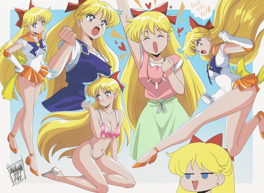 1girl absurdres aino_minako bikini bishoujo_senshi_sailor_moon blonde_hair blue_eyes bow breasts choker closed_mouth danmakuman earrings english_text gloves hair_bow high_heels highres jewelry large_breasts long_hair miniskirt open_mouth orange_choker orange_footwear orange_sailor_collar orange_skirt pink_bikini pink_shirt pleated_skirt red_bow sailor_collar sailor_senshi sailor_senshi_uniform sailor_venus shirt short_sleeves skirt smile speech_bubble swimsuit very_long_hair white_gloves white_shirt