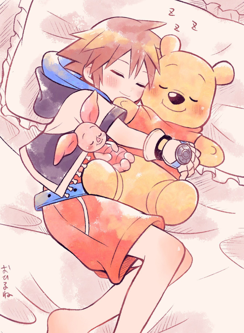 1boy barefoot bear blush closed_eyes fingerless_gloves foot_out_of_frame gloves hair_between_eyes highres hood hood_down hooded_jacket jacket ki_8498 kingdom_hearts male_child male_focus pig piglet_(winnie_the_pooh) pillow red_shorts short_hair short_sleeves shorts sleeping smile sora_(kingdom_hearts) spiked_hair winnie_the_pooh zzz