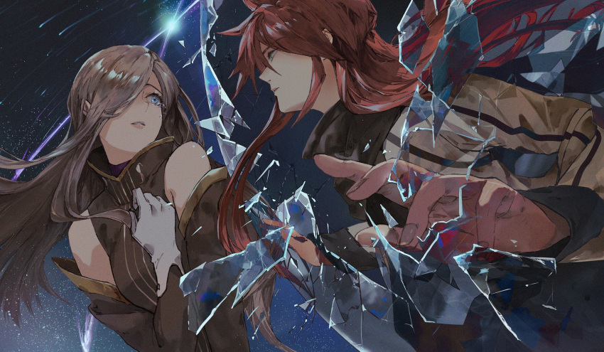 1boy 1girl bare_shoulders blue_eyes breasts broken_glass brown_hair detached_sleeves dress glass gloves green_eyes hair_over_one_eye high_collar highres iko_(ico_ma2501) lips long_hair looking_at_another luke_fon_fabre night night_sky red_hair sky sleeveless sleeveless_dress star_(sky) starry_sky tales_of_(series) tales_of_the_abyss tear_grants tears white_gloves