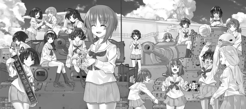 6+girls absurdres ahoge aircraft_carrier akiyama_yukari anglerfish arms_up bangs bike_shorts_under_skirt blouse blunt_bangs blunt_ends blurry blurry_background bob_cut bump_(volleyball) char_b1 clenched_hands closed_eyes closed_mouth cloud cloudy_sky commentary_request crossed_arms dark-skinned_female dark_skin day depth_of_field duck_head emblem facing_viewer girls_und_panzer glasses gotou_moyoko greyscale grin ground_vehicle hair_tie hand_to_own_mouth handheld_game_console highres holding holding_handheld_game_console holding_sign holding_stuffed_toy hoshino_(girls_und_panzer) inou_takashi interlocked_fingers isobe_noriko isuzu_hana kawanishi_shinobu kondou_taeko konparu_nozomi leaning_forward long_hair long_sleeves looking_at_another looking_at_viewer low_ponytail low_twintails medium_hair messy_hair midriff_peek military military_vehicle miniskirt monochrome motor_vehicle multiple_girls nakajima_(girls_und_panzer) neckerchief nishizumi_miho no_hairband no_headband official_art on_vehicle ooarai_(emblem) ooarai_school_uniform open_mouth ou_taiga outdoors own_hands_together panzerkampfwagen_iv parted_lips playing_games pleated_skirt reizei_mako sailor_collar sasaki_akebi school_uniform serafuku ship shirt shoes short_hair short_ponytail sign sitting skirt sky sleeves_rolled_up smile sneakers sono_midoriko standing stuffed_animal stuffed_toy suzuki_(girls_und_panzer) takebe_saori tank teddy_bear tiger_(p) tsuchiya_(girls_und_panzer) twintails type_89_i-gou volleyball warship watercraft zuikaku_(girls_und_panzer)