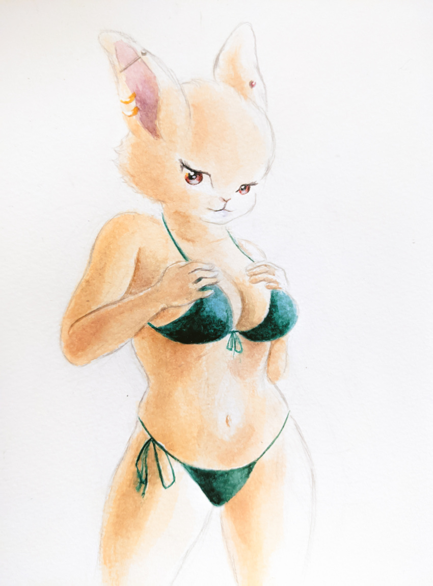 absurd_res anthro bikini bikini_thong body_hair breasts clothing constricted ear_piercing ear_ring female green_bikini green_clothing green_swimwear hand_on_breast hi_res ichinoseura lagomorph leporid mammal navel piercing rabbit red_eyes ring_piercing solo solo_focus swimwear white_body