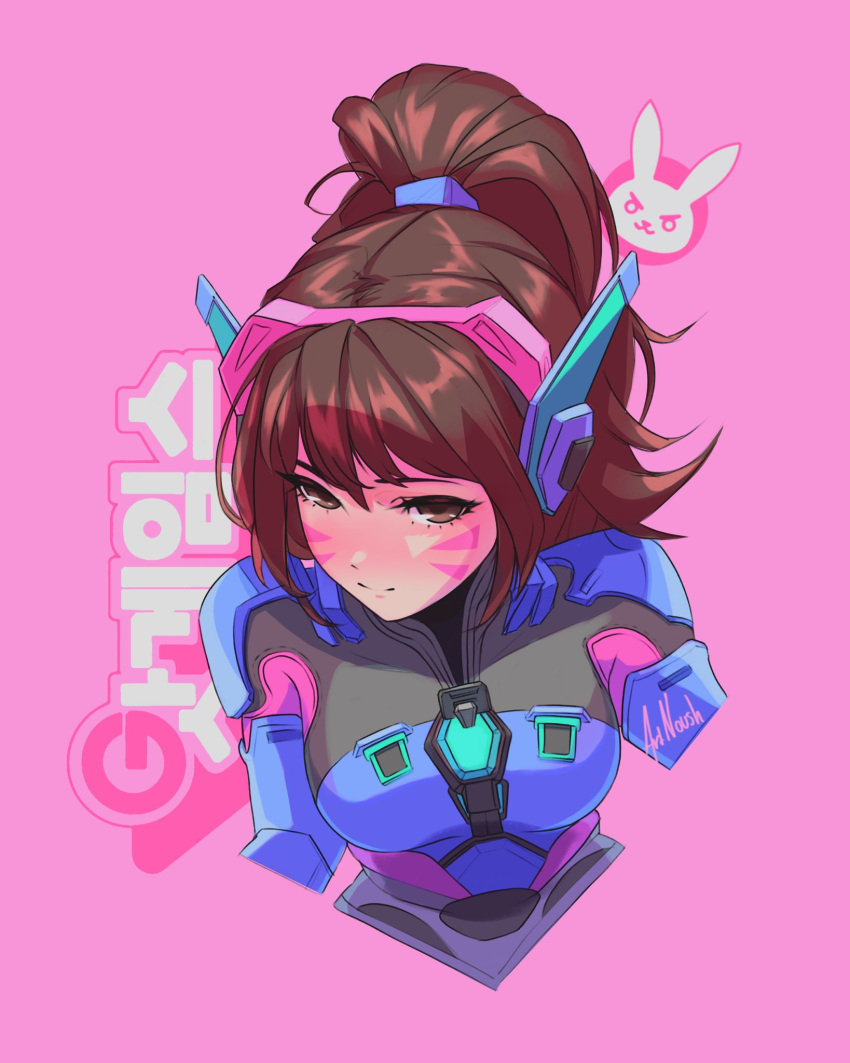 1girl animification artist_name bangs blue_bodysuit bodysuit brown_eyes brown_hair d.va_(overwatch) english_commentary facepaint from_above headphones highres korean_text noush overwatch overwatch_2 photoshop_(medium) pilot_suit pink_background ponytail sidelocks smile solo upper_body