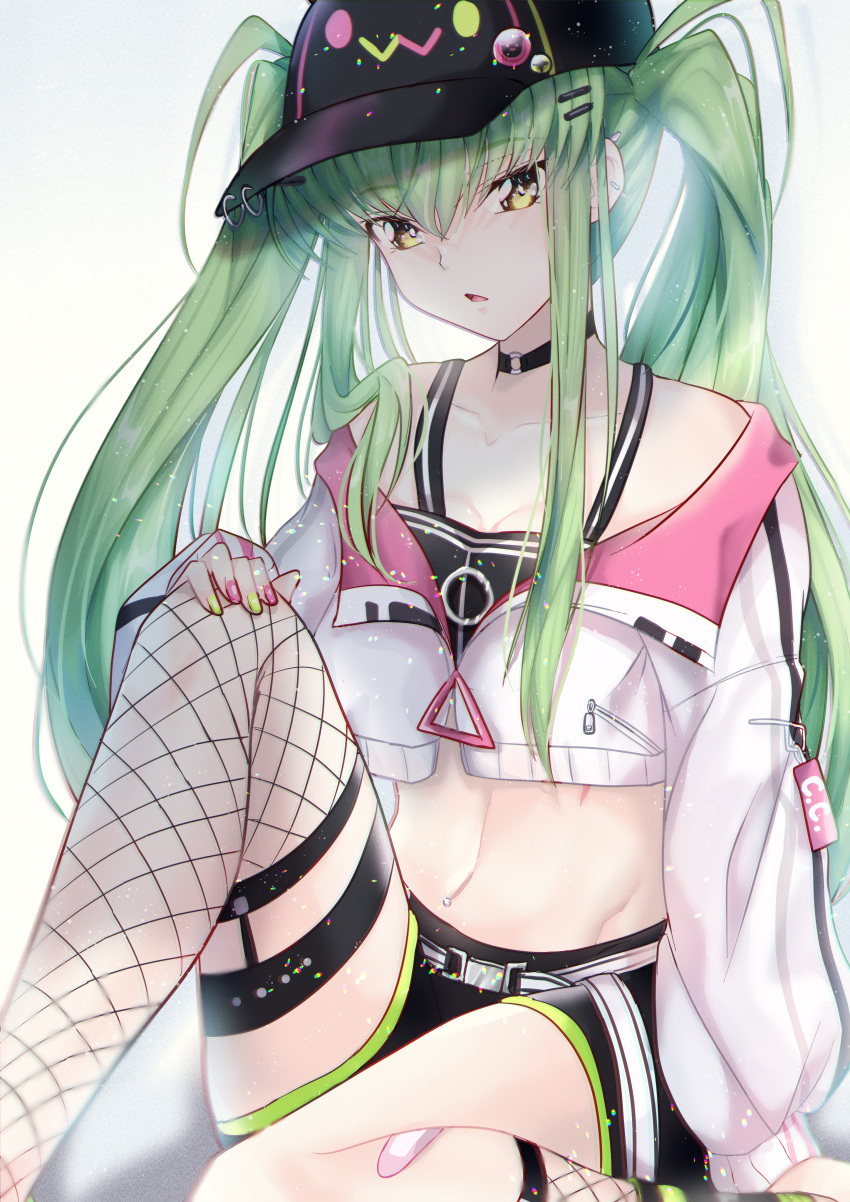 1girl absurdres bandaid bandaid_on_leg baseball_cap belt budgiepon c.c. code_geass cosplay cosplay_request cropped_shirt fishnet_thighhighs fishnets green_hair groin hat highres hololive knee_up looking_at_viewer multicolored_nails navel_piercing piercing pink_nails scar short_shorts shorts sidelocks single_thighhigh sitting solo thighhighs thighs tokoyami_towa tokoyami_towa_(cosplay) twintails white_background white_thighhighs yellow_eyes yellow_nails