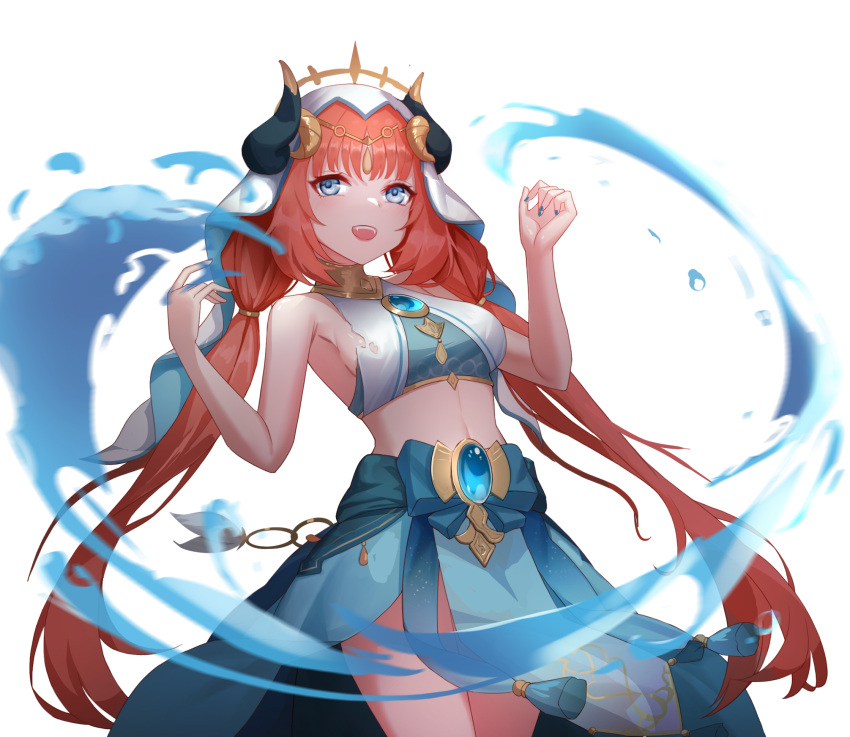 1girl bangs bare_arms bare_shoulders blue_eyes blue_gemstone blue_nails blue_skirt blush breasts brooch circlet commentary cowboy_shot crop_top fangs gem genshin_impact gold_trim hands_up happy harem_outfit highres horns jewelry linea_alba long_hair looking_at_viewer low_twintails medium_breasts nail_polish neck_ring nilou_(genshin_impact) no_detached_sleeves parted_bangs parted_lips pelvic_curtain red_hair sideboob simple_background skirt smile solo stomach teeth thighs torn_clothes twintails upper_teeth veil very_long_hair vision_(genshin_impact) water white_background xing_jun