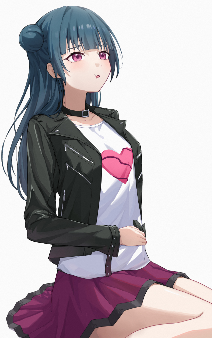 1girl absurdres aftamc bangs black_collar black_jacket blue_hair collar collarbone commentary_request feet_out_of_frame grey_background hair_bun highres jacket leather leather_jacket long_hair long_sleeves looking_away love_live! love_live!_sunshine!! open_clothes open_jacket parted_lips pleated_skirt purple_eyes purple_skirt shirt simple_background single_side_bun sitting skirt solo stomach_ache tsushima_yoshiko very_long_hair wariza white_shirt wide_sleeves