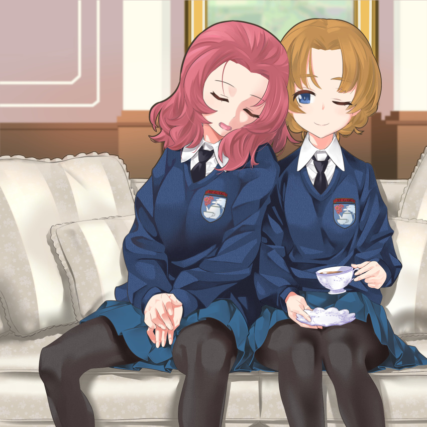 2girls bangs black_necktie black_pantyhose blue_eyes blue_skirt blue_sweater closed_eyes closed_mouth commentary_request couch cup dress_shirt emblem girls_und_panzer highres holding holding_cup holding_saucer indoors inou_takashi leaning_on_person long_sleeves looking_at_viewer medium_hair miniskirt multiple_girls necktie on_couch one_eye_closed open_mouth orange_pekoe_(girls_und_panzer) pantyhose pleated_skirt red_hair rosehip_(girls_und_panzer) saucer school_uniform shirt short_hair sitting skirt smile st._gloriana's_(emblem) st._gloriana's_school_uniform sweater tea v-neck v_arms white_shirt wing_collar