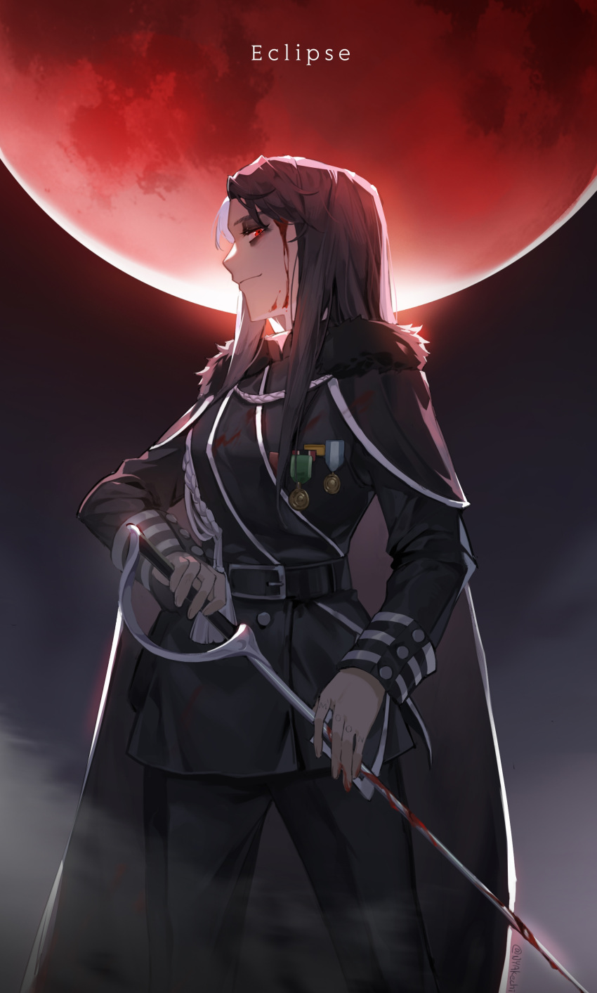 1girl absurdres akechi_(826988799) belt black_belt black_cape black_capelet black_eyeshadow black_fur black_hair black_jacket black_pants blood blood_on_face cape capelet eclipse eyeshadow from_side fur-trimmed_capelet fur_trim highres holding holding_sword holding_weapon jacket k-pop long_hair looking_at_viewer makeup mamamoo medal moon moonbyul_(mamamoo) pants rapier real_life red_moon solo song_name sword weapon