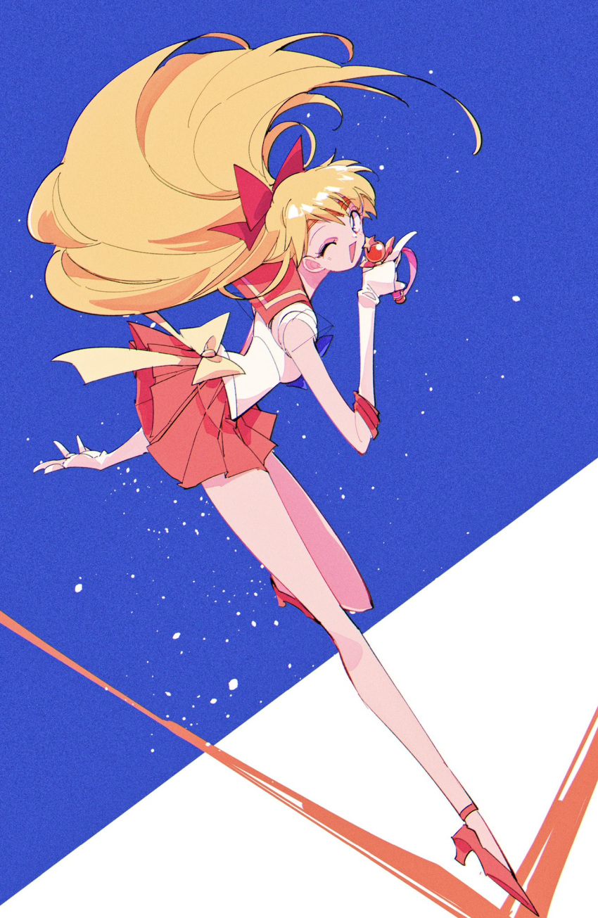 1girl aino_minako back_bow bangs bishoujo_senshi_sailor_moon blonde_hair blue_background blue_bow blue_bowtie bow bowtie breasts full_body hair_bow highres leaning_forward legs long_hair looking_at_viewer medium_breasts one_eye_closed open_mouth orange_sailor_collar orange_skirt pleated_skirt pochi_(askas_is_god) red_bow sailor_collar sailor_senshi_uniform sailor_venus skirt smile tiara two-tone_background white_background