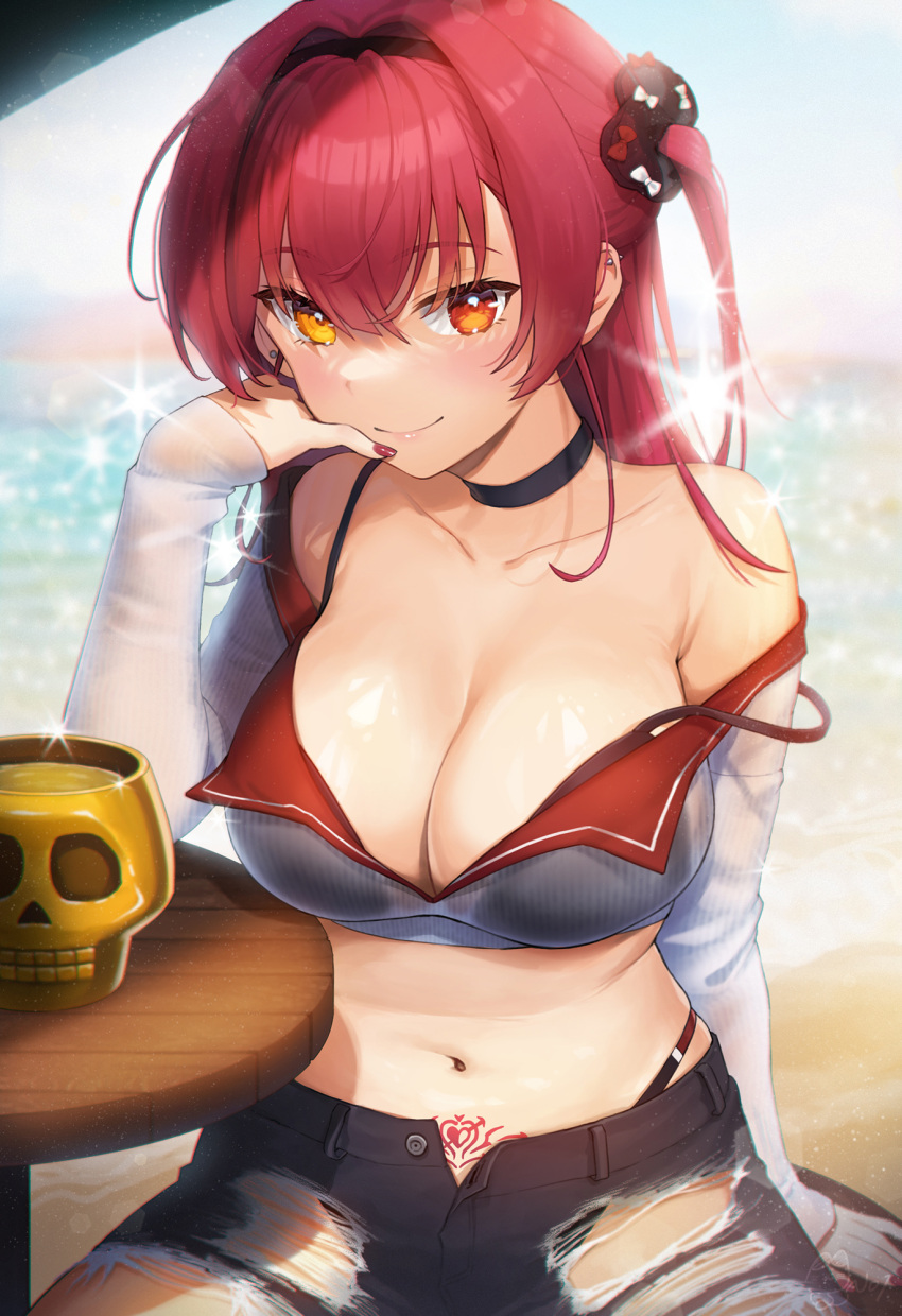 1girl bangs bare_shoulders beach black_bra black_choker black_hairband black_panties black_shorts blurry blurry_background bra bra_strap breasts cheek_rest choker cleavage closed_mouth collarbone commentary crop_top cutoffs denim denim_shorts dokuro-kun_(houshou_marine) ear_piercing elbow_rest hairband hand_on_own_face hand_up happy_birthday heterochromia highleg highleg_panties highres hololive houshou_marine large_breasts long_sleeves looking_at_viewer navel noixen ocean off_shoulder open_fly outdoors panties piercing pubic_tattoo red_eyes red_hair red_nails shorts sidelocks sitting skindentation skull sleeves_past_wrists smile solo sparkle stomach stomach_tattoo strap_slip symbol-only_commentary table tattoo torn_clothes torn_shorts two_side_up underwear virtual_youtuber water yellow_eyes