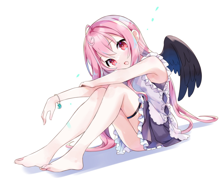 1girl :o ahoge amimi armpit_crease bangs bare_arms bare_legs barefoot black_dress black_wings bow bracelet dot_nose dress feathered_wings frilled_vest frills highres jewelry knees_up long_hair looking_at_viewer open_mouth original pink_hair red_eyes simple_background sitting solo thigh_strap thighs vest white_background white_bow white_vest wings