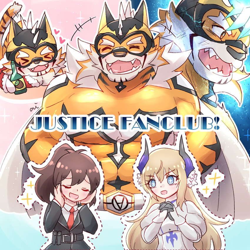 &lt;3 1:1 abs alli_paeonia anthro blonde_hair blush bodysuit brown_hair cape chibi clothing felid female fur group hair hi_res human laugh male mammal mask muscular muscular_anthro muscular_male pantherine pecs skinsuit spandex striped_body striped_fur stripes superhero tiger tight_clothing trio