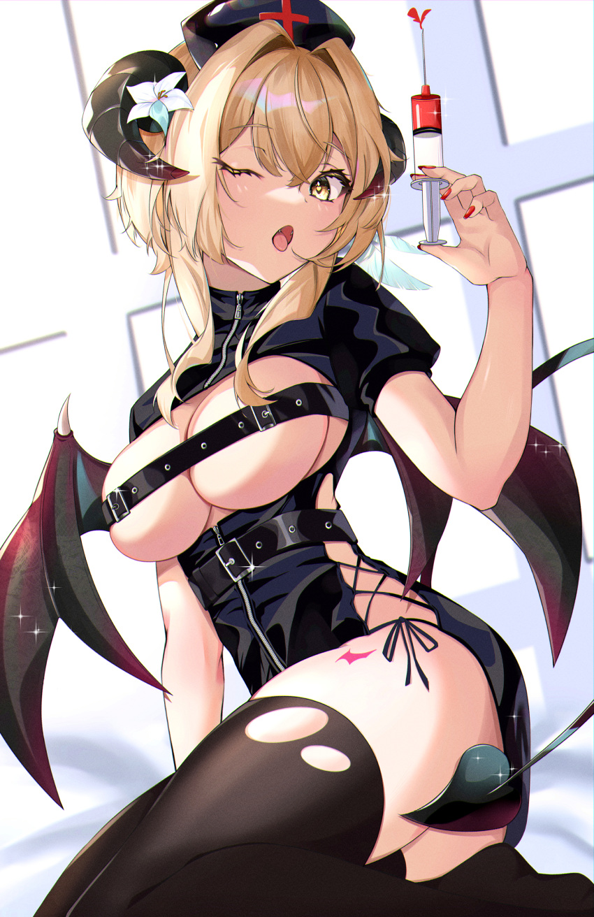 1girl ;o absurdres alternate_costume beltbra blonde_hair breasts chest_belt demon_girl demon_horns demon_tail demon_wings fangs flower genshin_impact hair_flower hair_ornament halloween_costume hat highres holding holding_syringe horns looking_at_viewer lumine_(genshin_impact) medium_breasts nurse_cap one_eye_closed open_mouth red_nails short_hair solo syringe tail tail_censor thighhighs tongue tongue_out white_flower wings yellow_eyes yoshitoki_(kisshin) zipper zipper_pull_tab
