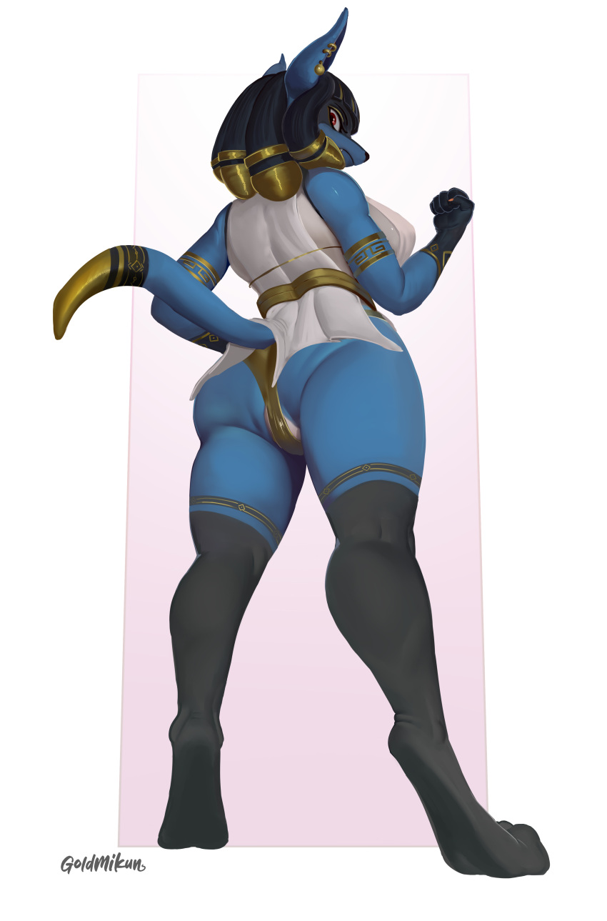 absurd_res anthro big_butt biped blue_body breasts butt clothed clothing female generation_4_pokemon goldmikun hi_res holowear_(pokemon) lucario nintendo pokemon pokemon_(species) pokemon_unite ruins_style_lucario solo video_games