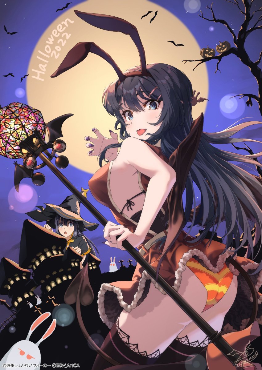 2girls absurdres animal_ears armpit_crease armpits ass bat_wings black_hair black_nails blue_eyes blush breasts castle demon_tail dress from_side ghost halloween halloween_costume hat highres holding holding_staff huge_ass jack-o'-lantern large_breasts long_hair looking_at_viewer mage_staff makinohara_shouko moon multiple_girls night night_sky orange_dress orange_panties panties rabbit_ears raiz_art_works sakurajima_mai seishun_buta_yarou sideboob sky staff tail thighhighs thighs tombstone tongue tongue_out underwear wings witch_hat