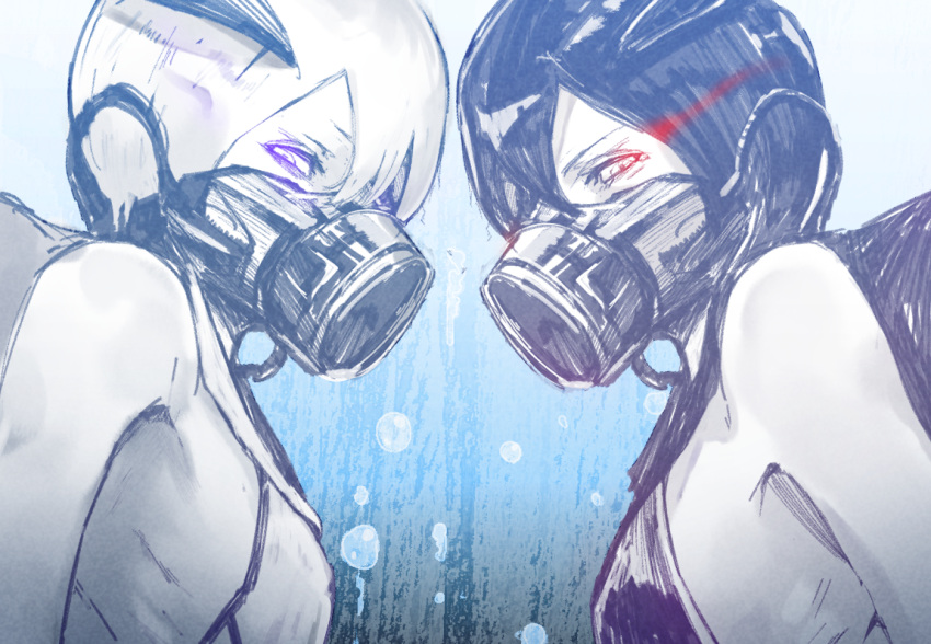 2girls abyssal_ship abyssal_twin_princess_(black) abyssal_twin_princess_(white) bangs black_dress black_hair bubble colored_skin dress glowing glowing_eyes hair_between_eyes headgear kantai_collection looking_at_viewer mask mouth_mask multiple_girls oxygen_mask pale_skin purple_eyes short_hair tomamatto underwater upper_body white_dress white_hair white_skin