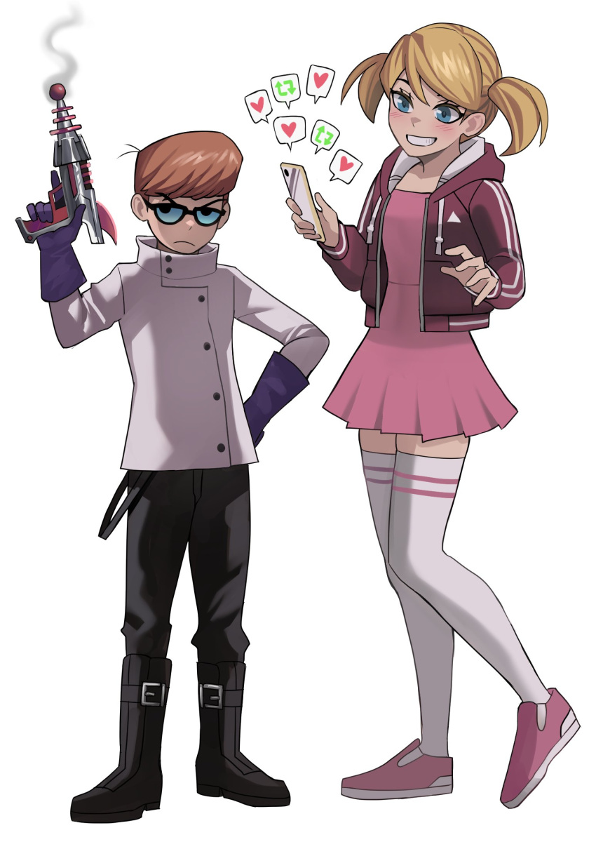 1boy 1girl black-framed_eyewear black_footwear black_pants blonde_hair blue_eyes blush dee_dee dexter dexter's_laboratory dress energy_gun english_commentary glasses gloves hand_on_hip heel_up highres jacket jourd4n labcoat like_and_retweet orange_hair pants pink_dress pink_footwear purple_gloves ray_gun short_twintails smile thighhighs thighs twintails weapon white_background white_thighhighs zettai_ryouiki