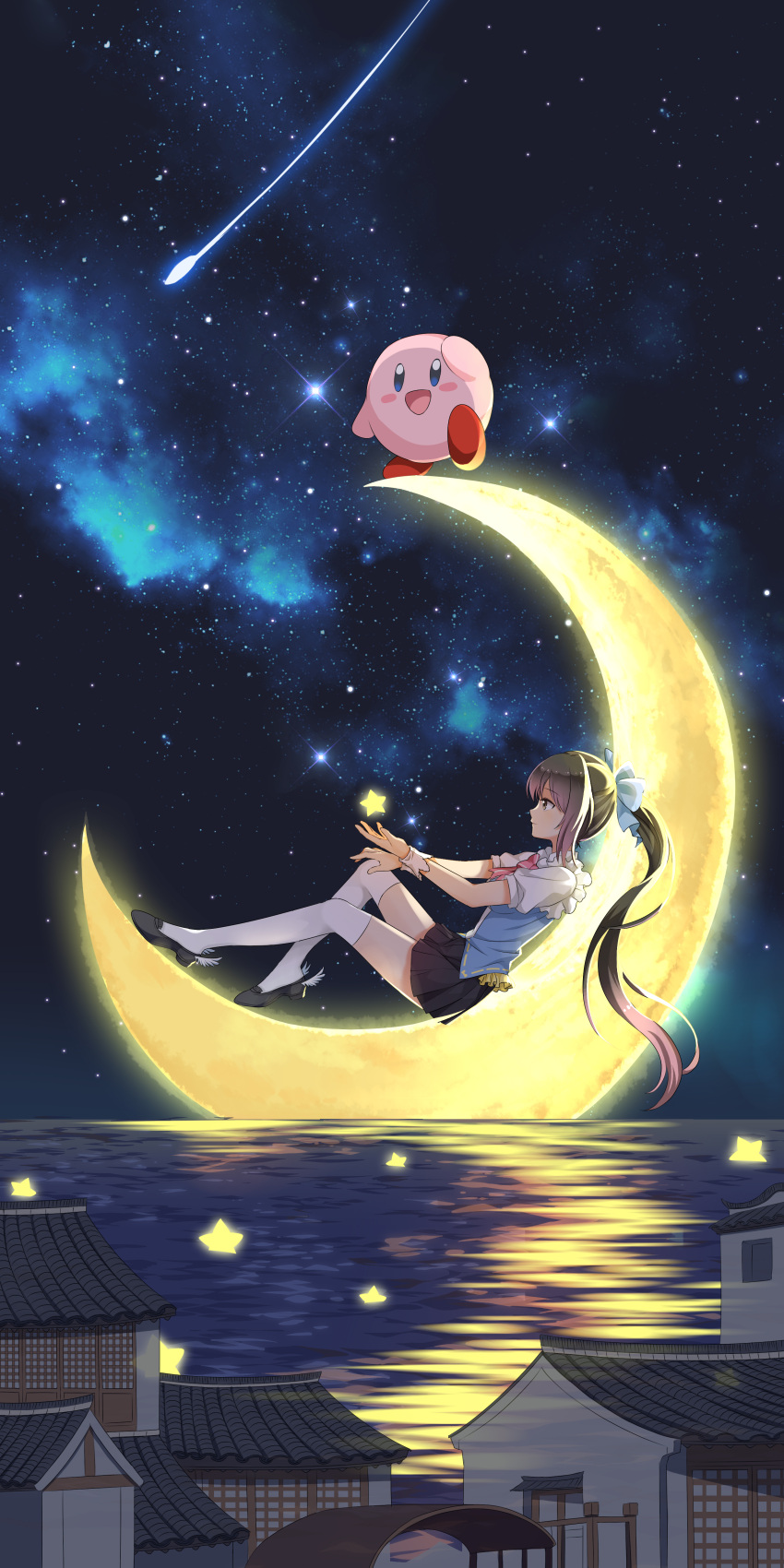 1girl :d absurdres bangs black_footwear black_skirt blue_bow blue_shirt bow bowtie brown_eyes brown_hair closed_mouth commentary_request crescent_moon freshylulu_m hair_bow hand_on_own_knee highres horizon kirby kirby_(series) loafers long_hair looking_ahead miniskirt moon night night_sky on_crescent original outstretched_hand over-kneehighs pink_bow pink_bowtie pleated_skirt ponytail profile shirt shoes shooting_star short_sleeves sitting skirt sky smile star_(sky) star_(symbol) starry_sky thighhighs very_long_hair village water winged_footwear yellow_moon