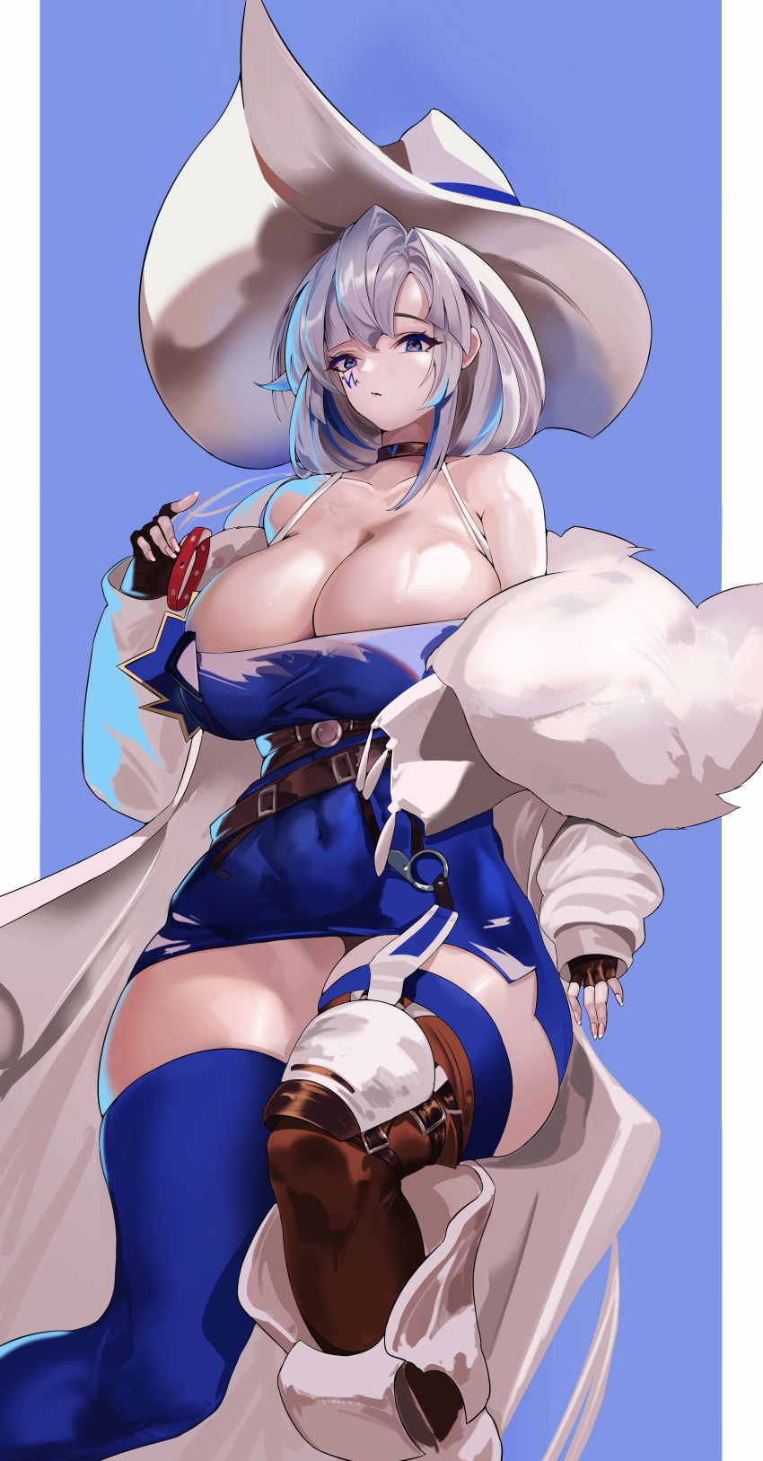 1girl absurdres alchemy_stars ankh_man azure_(alchemy_stars) bangs bare_shoulders belt black_choker black_gloves blue_dress blue_eyes blue_hair blue_thighhighs breasts choker cleavage coat commentary_request covered_navel dress facial_mark feet_out_of_frame gloves grey_hair highres large_breasts long_sleeves looking_at_viewer multicolored_hair off_shoulder open_clothes open_coat pencil_dress short_dress short_hair solo streaked_hair thighhighs thighs white_coat white_headwear